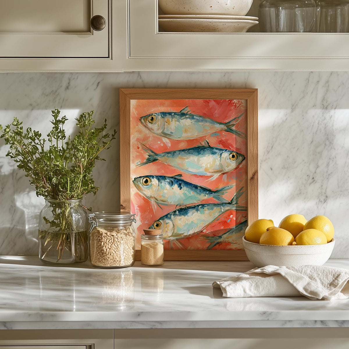 Coral Sardines animal art print shown in a room setting