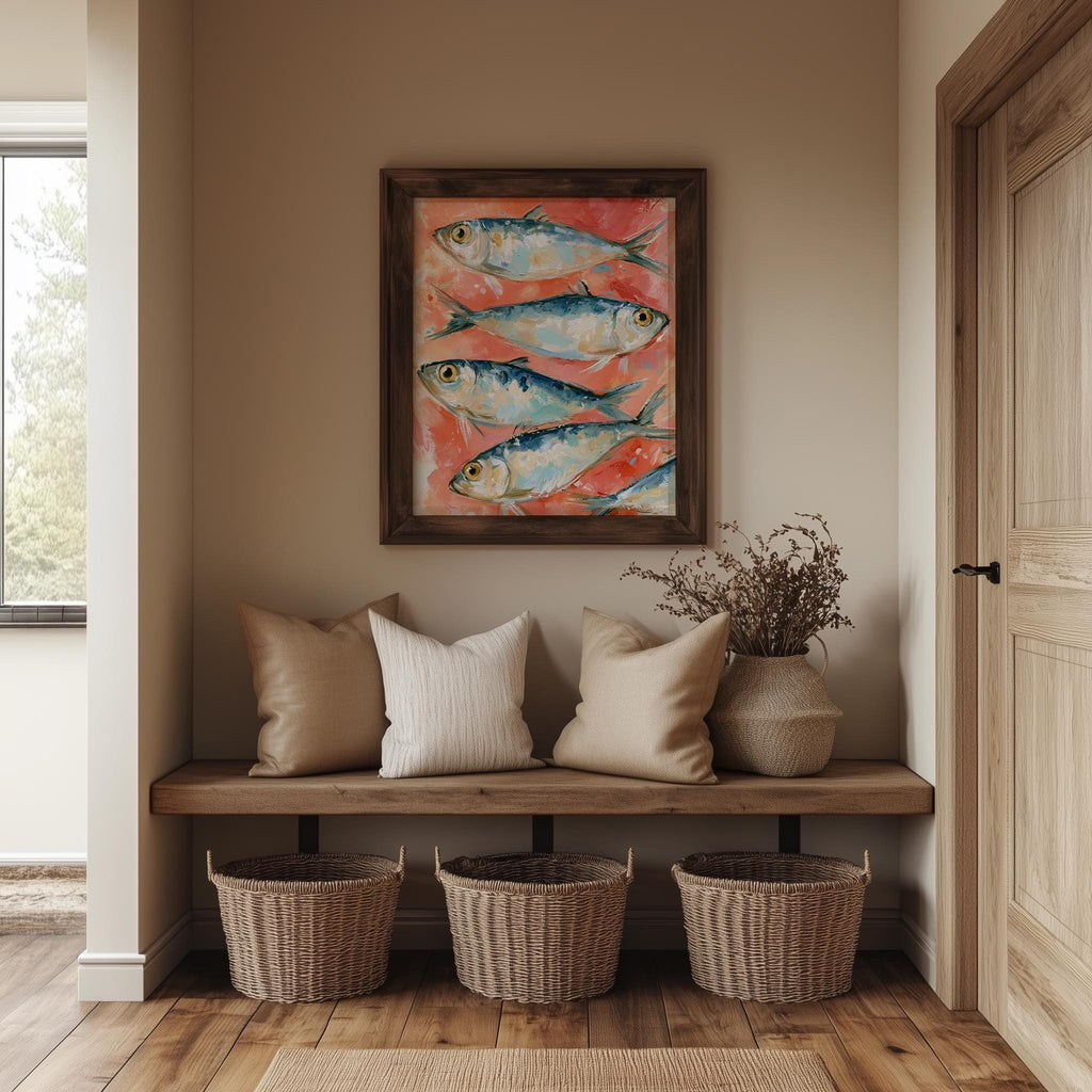 Coral Sardines animal art print shown in a room setting
