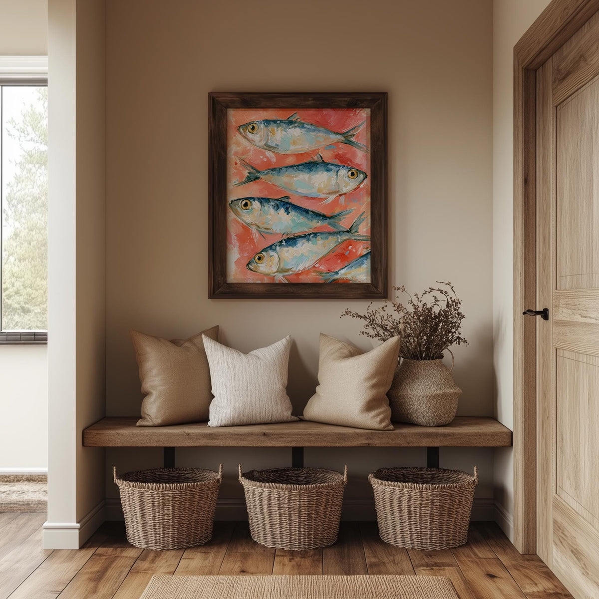 Coral Sardines animal art print shown in a room setting
