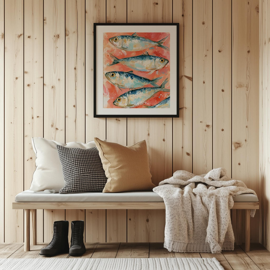 Coral Sardines animal art print shown in a room setting