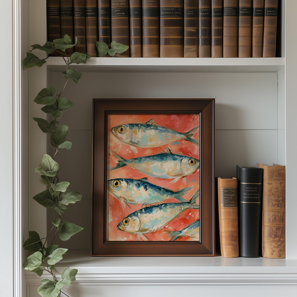Coral Sardines animal art print shown in a room setting