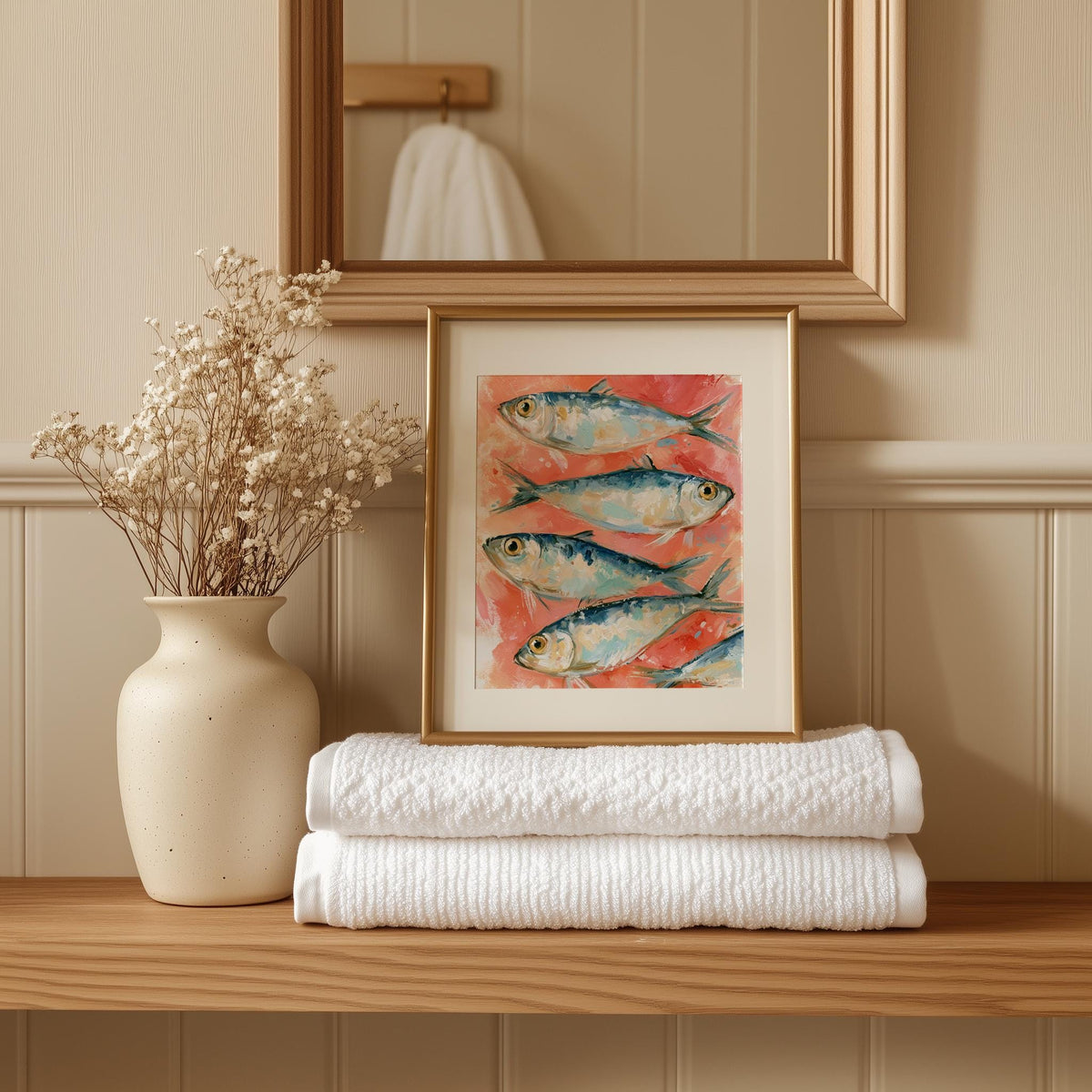 Coral Sardines animal art print shown in a room setting