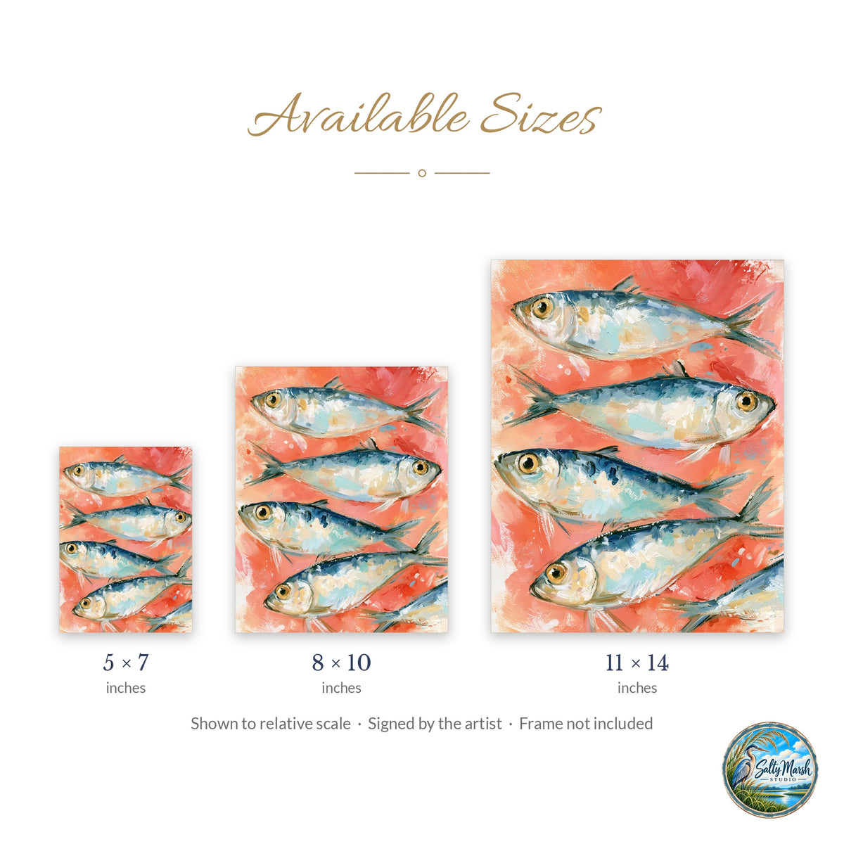 Coral Sardines art print size guide: 5x7, 8x10 and 11x14