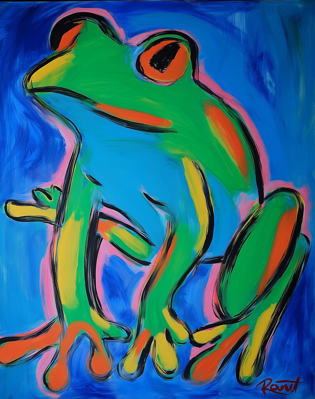 Modern Green Frog animal art print unframed, signed by Pattie Overcash
