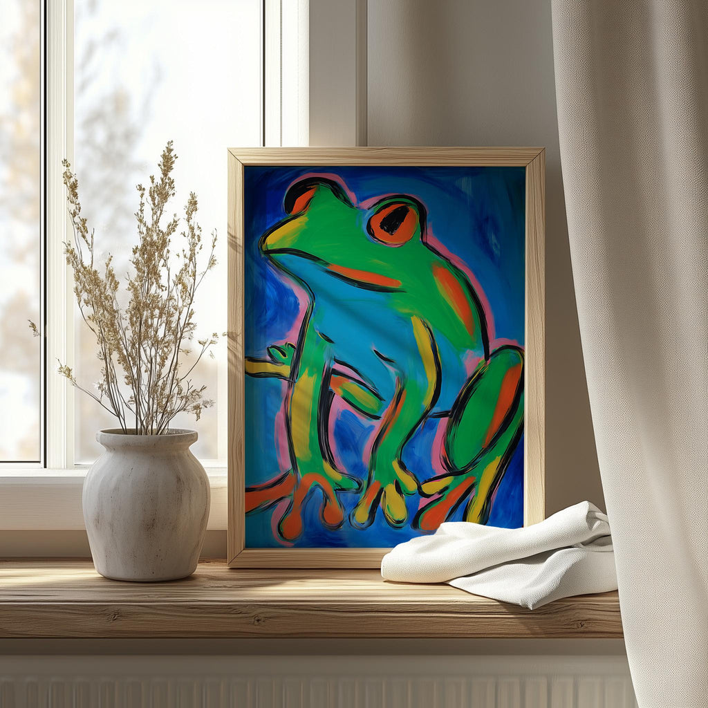 Modern Green Frog animal art print shown in a room setting