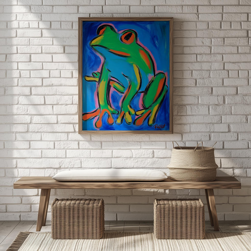 Modern Green Frog animal art print shown in a room setting