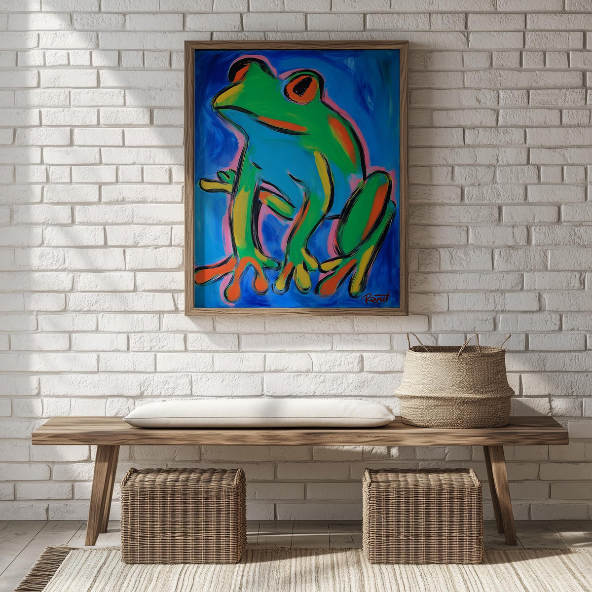 Modern Green Frog animal art print shown in a room setting
