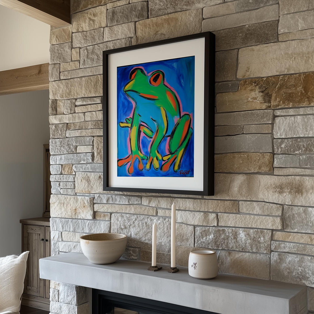 Modern Green Frog animal art print shown in a room setting