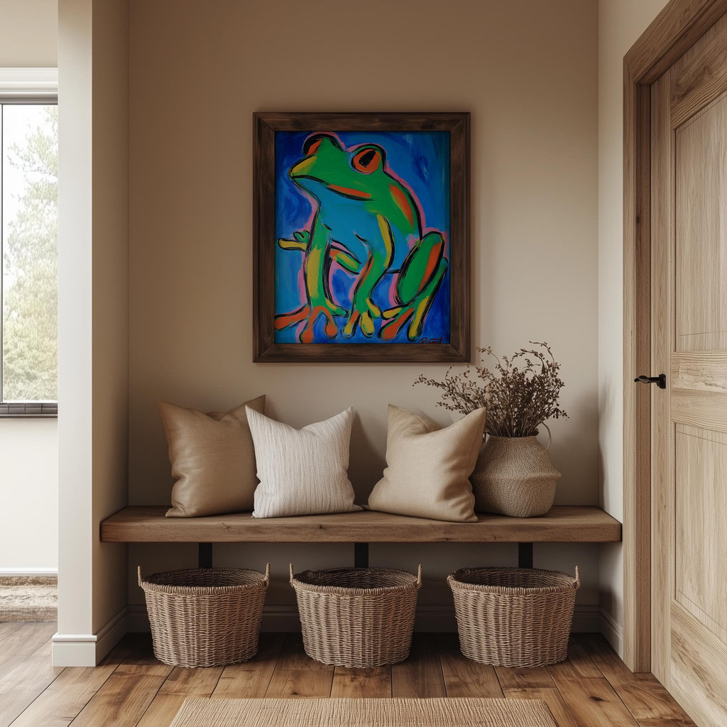 Modern Green Frog animal art print shown in a room setting