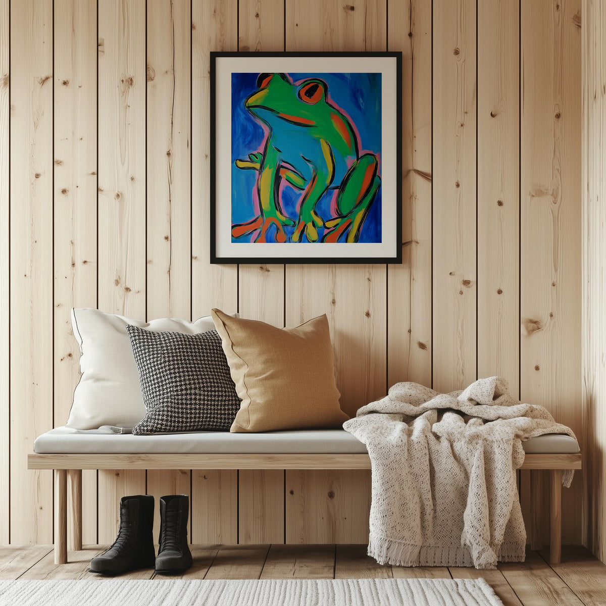 Modern Green Frog animal art print shown in a room setting