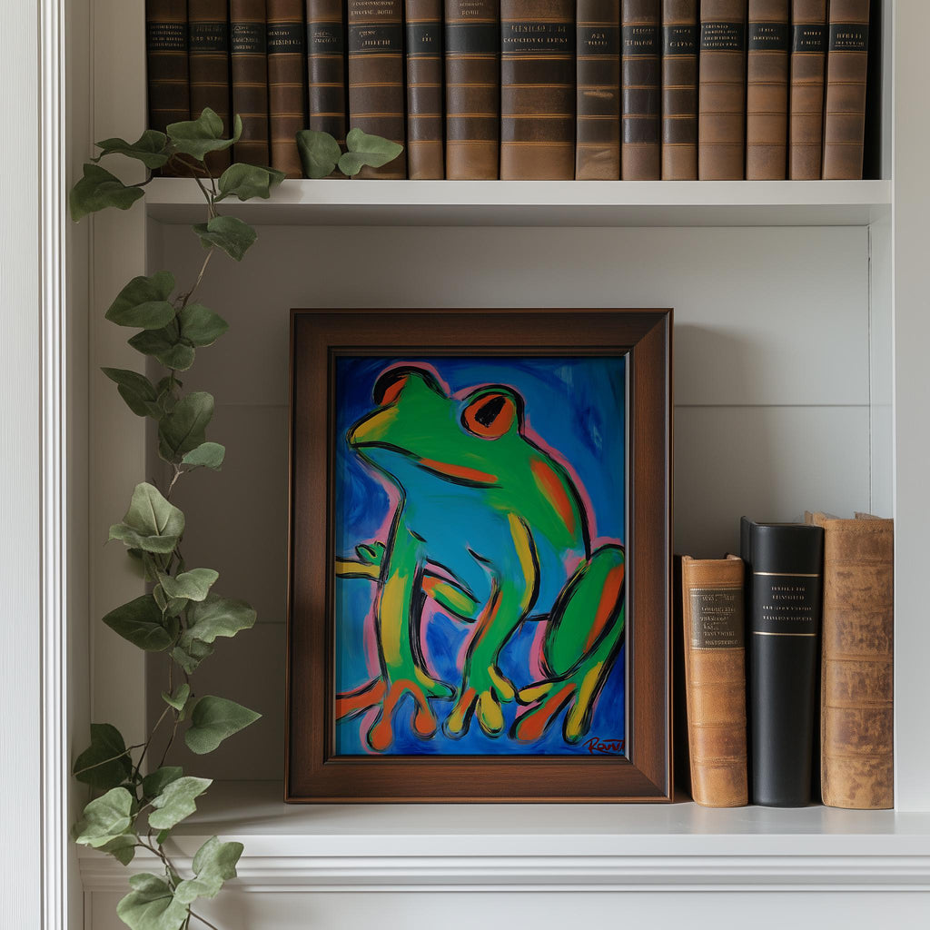 Modern Green Frog animal art print shown in a room setting