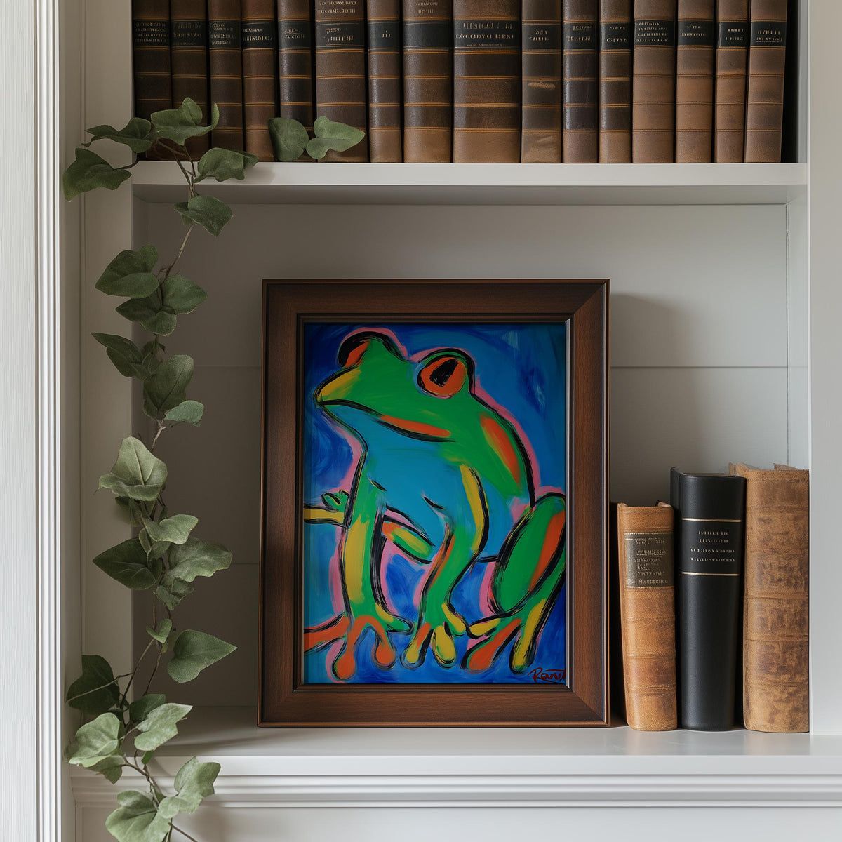 Modern Green Frog animal art print shown in a room setting