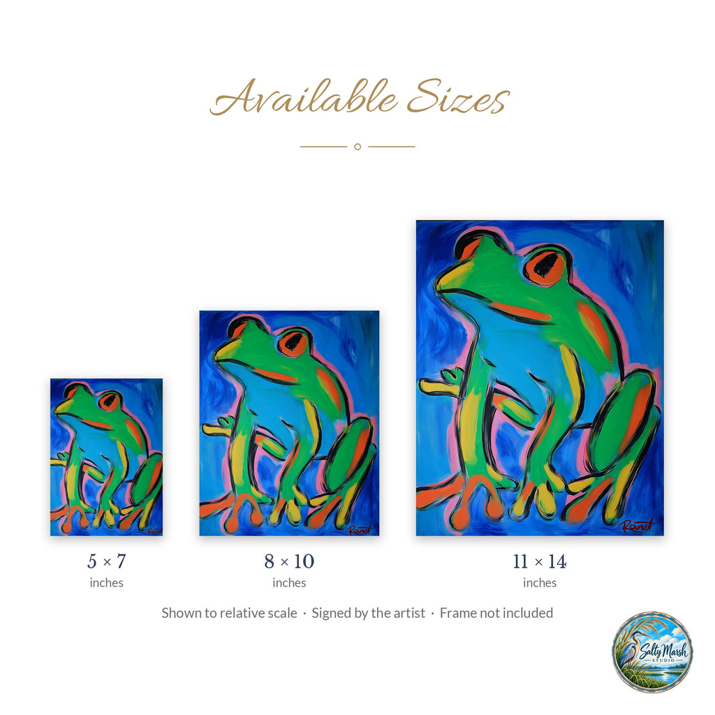 Modern Green Frog art print size guide: 5x7, 8x10 and 11x14