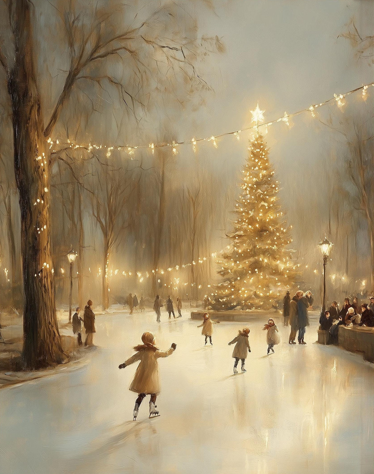 Ice Skaters Christmas art print unframed, signed by Pattie Overcash