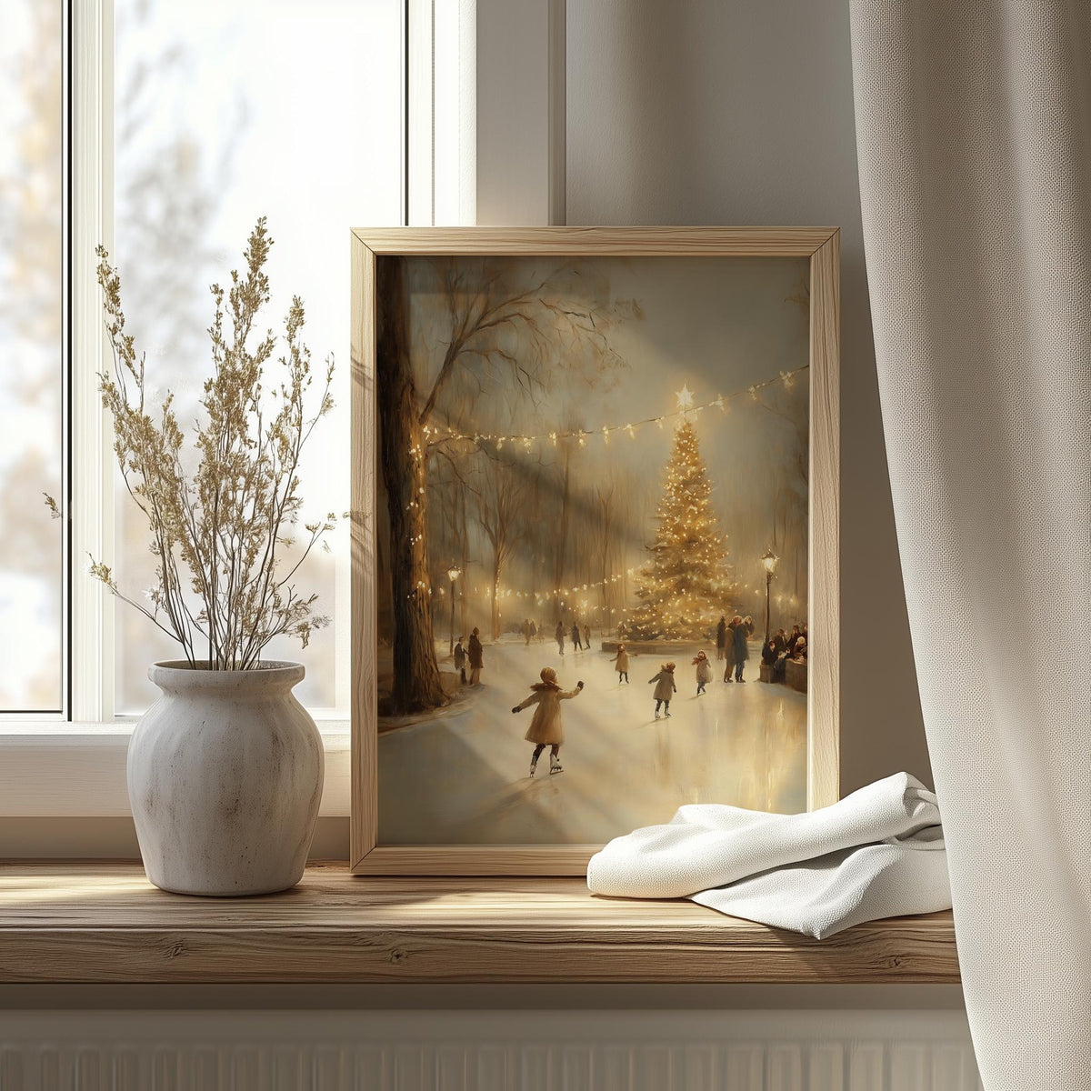 Ice Skaters Christmas art print shown in a room setting