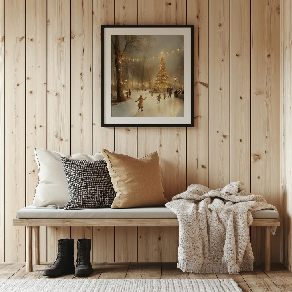 Ice Skaters Christmas art print shown in a room setting