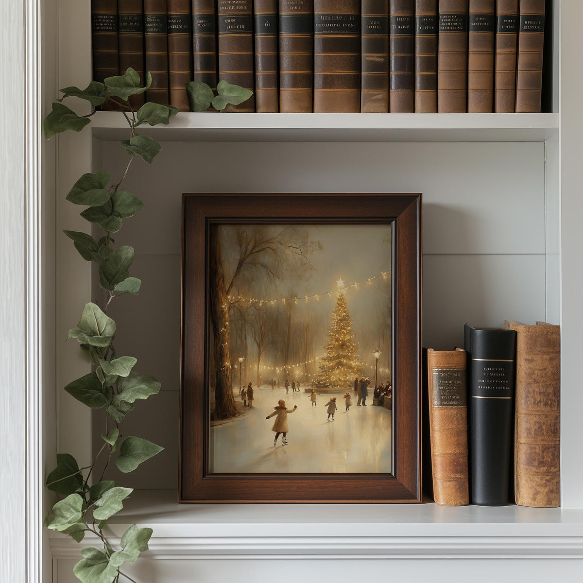 Ice Skaters Christmas art print shown in a room setting