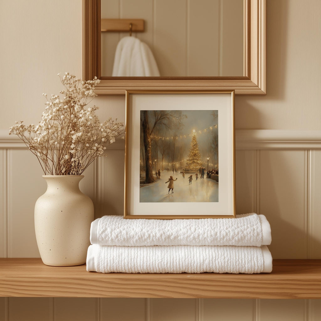 Ice Skaters Christmas art print shown in a room setting