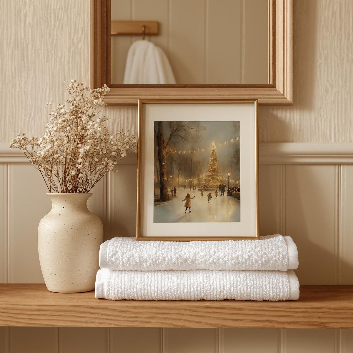 Ice Skaters Christmas art print shown in a room setting