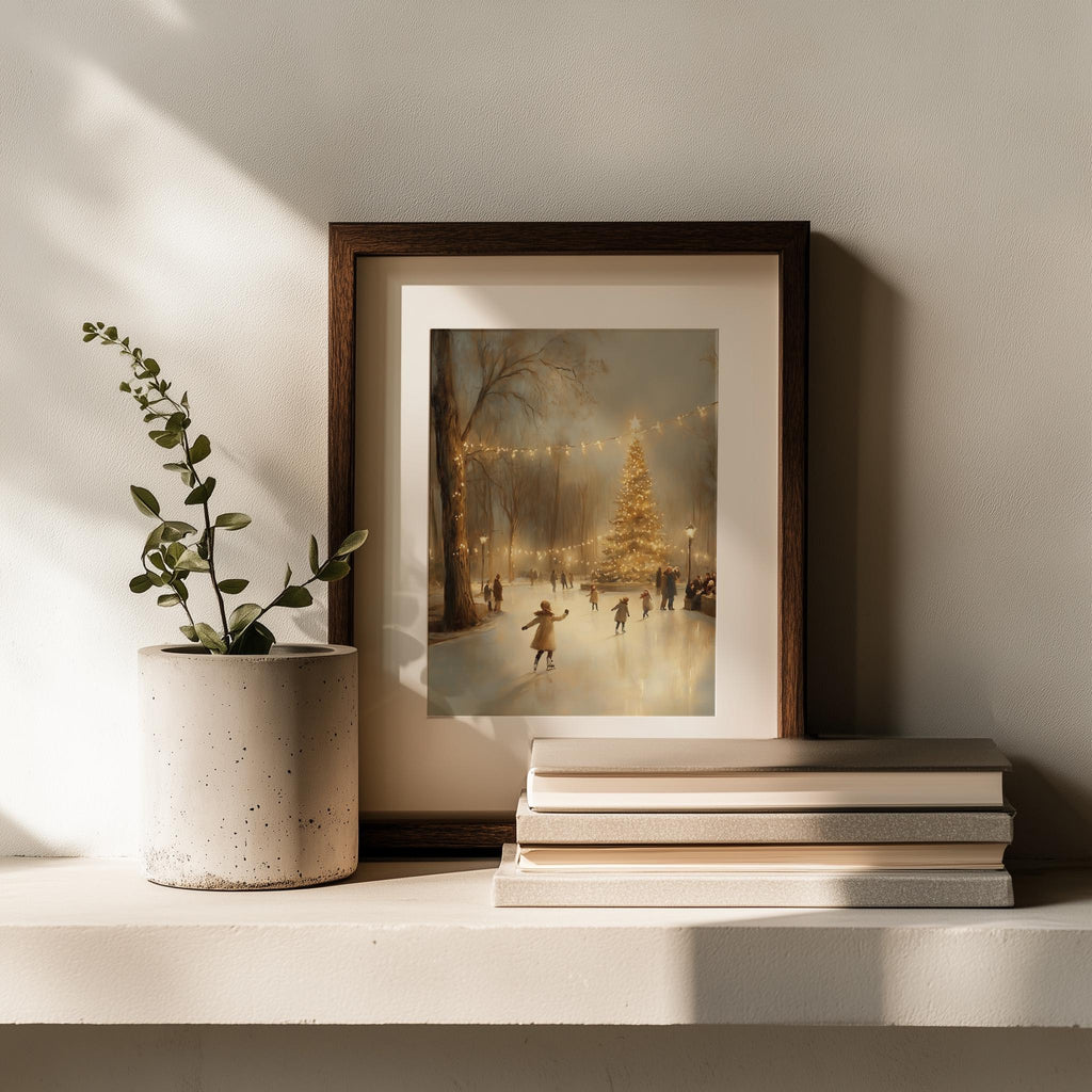 Ice Skaters Christmas art print shown in a room setting