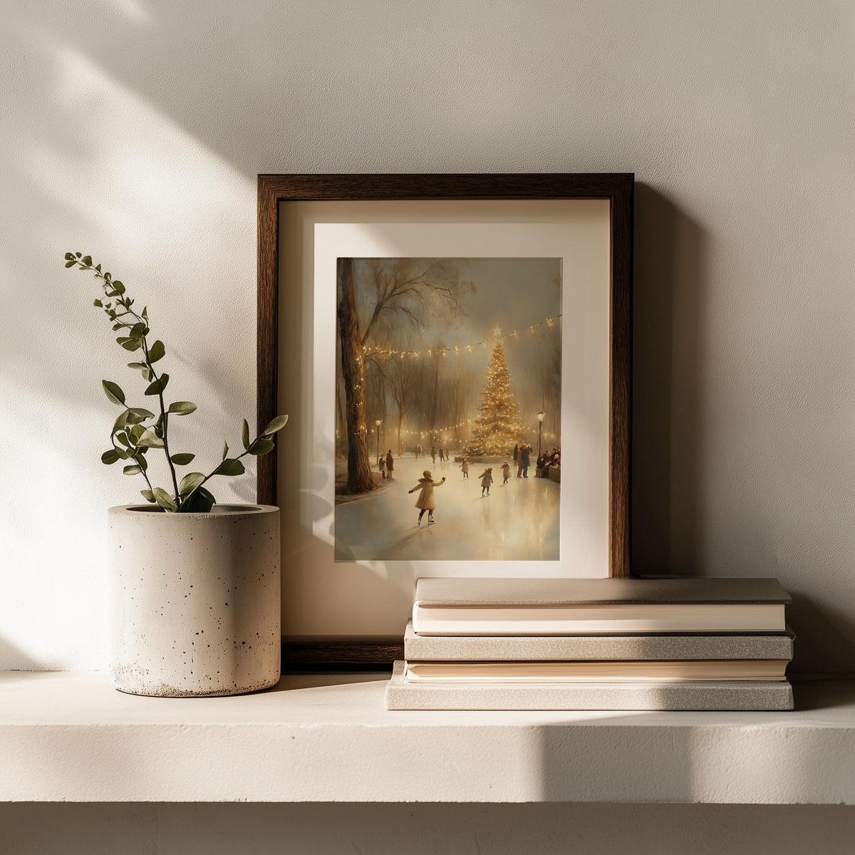 Ice Skaters Christmas art print shown in a room setting