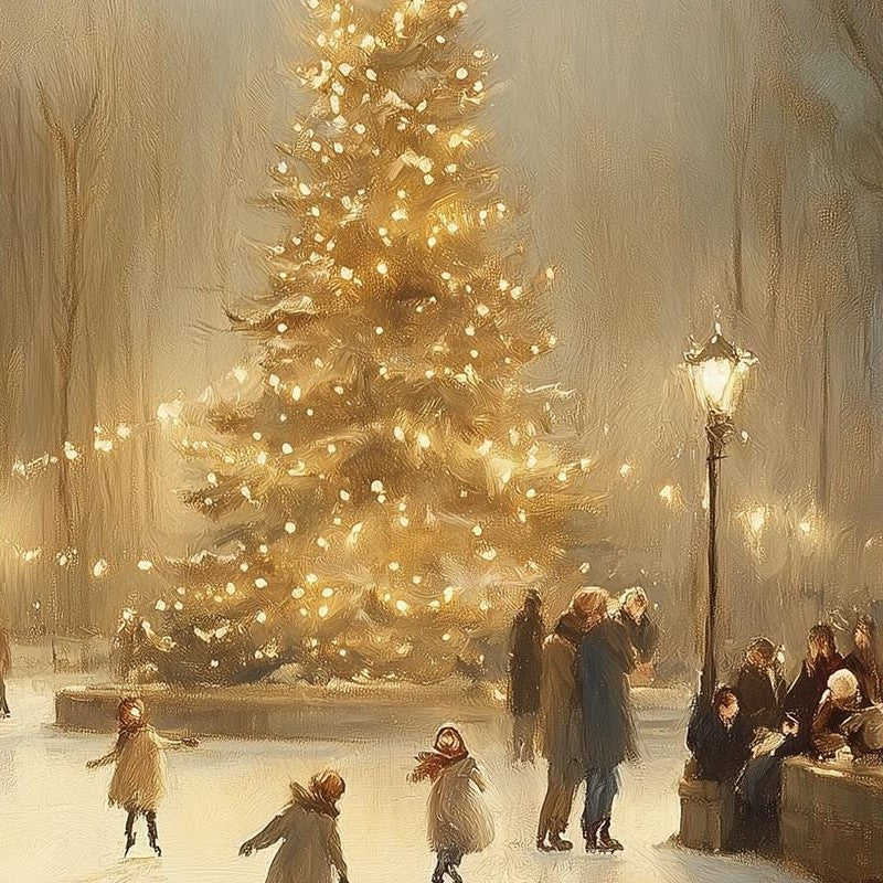Ice Skaters Christmas art print close-up detail