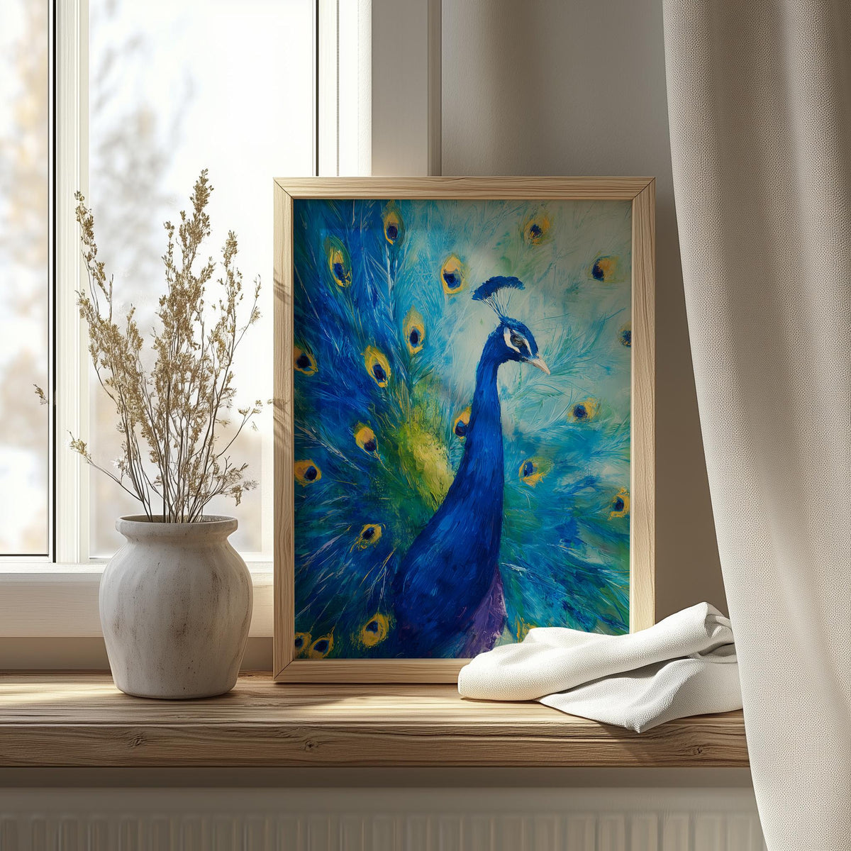 Peacock animal art print shown in a room setting