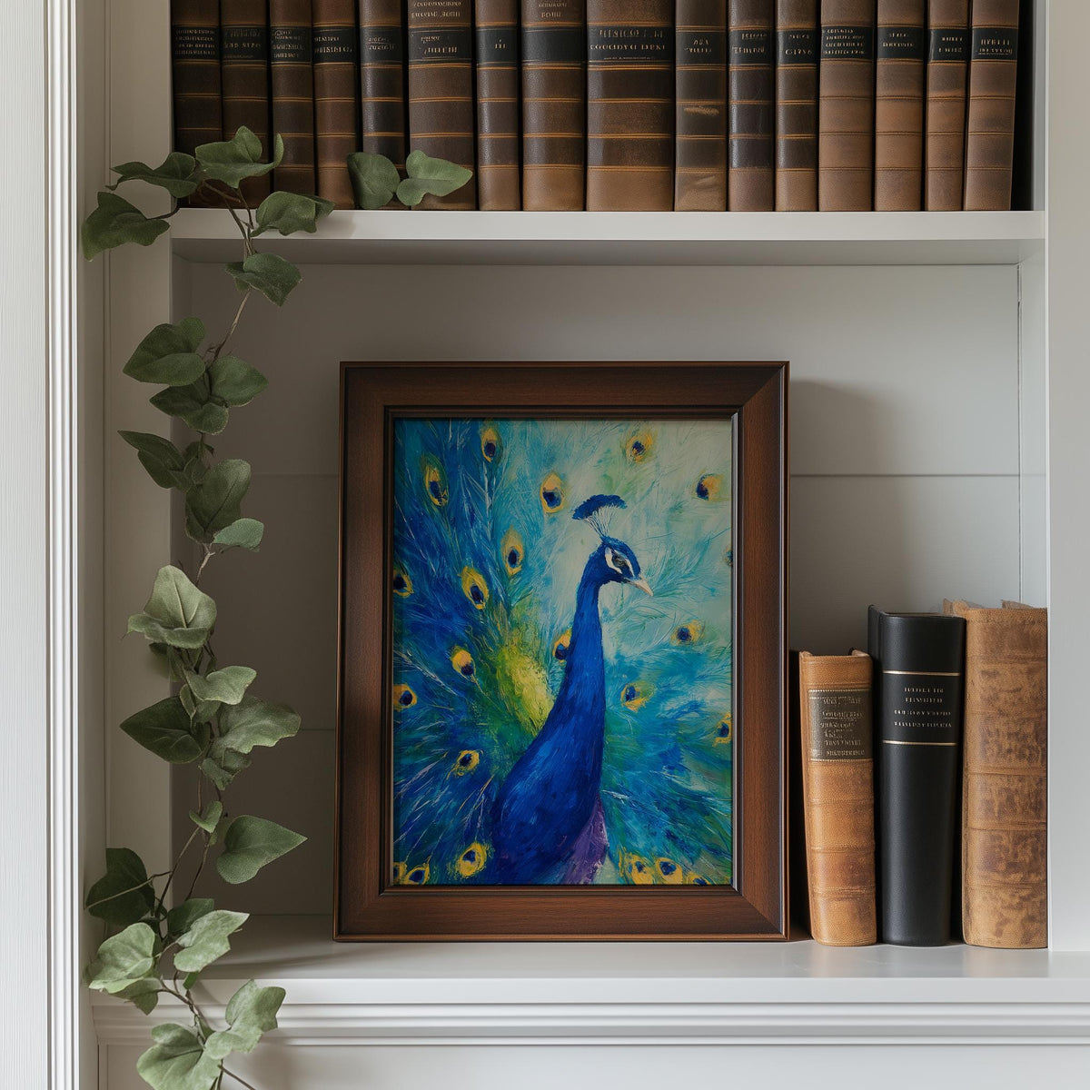 Peacock animal art print shown in a room setting