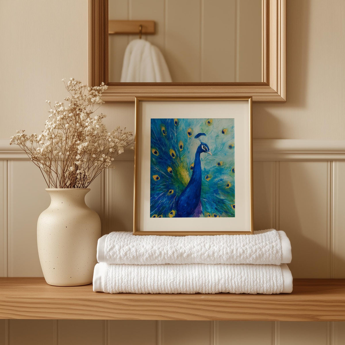 Peacock animal art print shown in a room setting