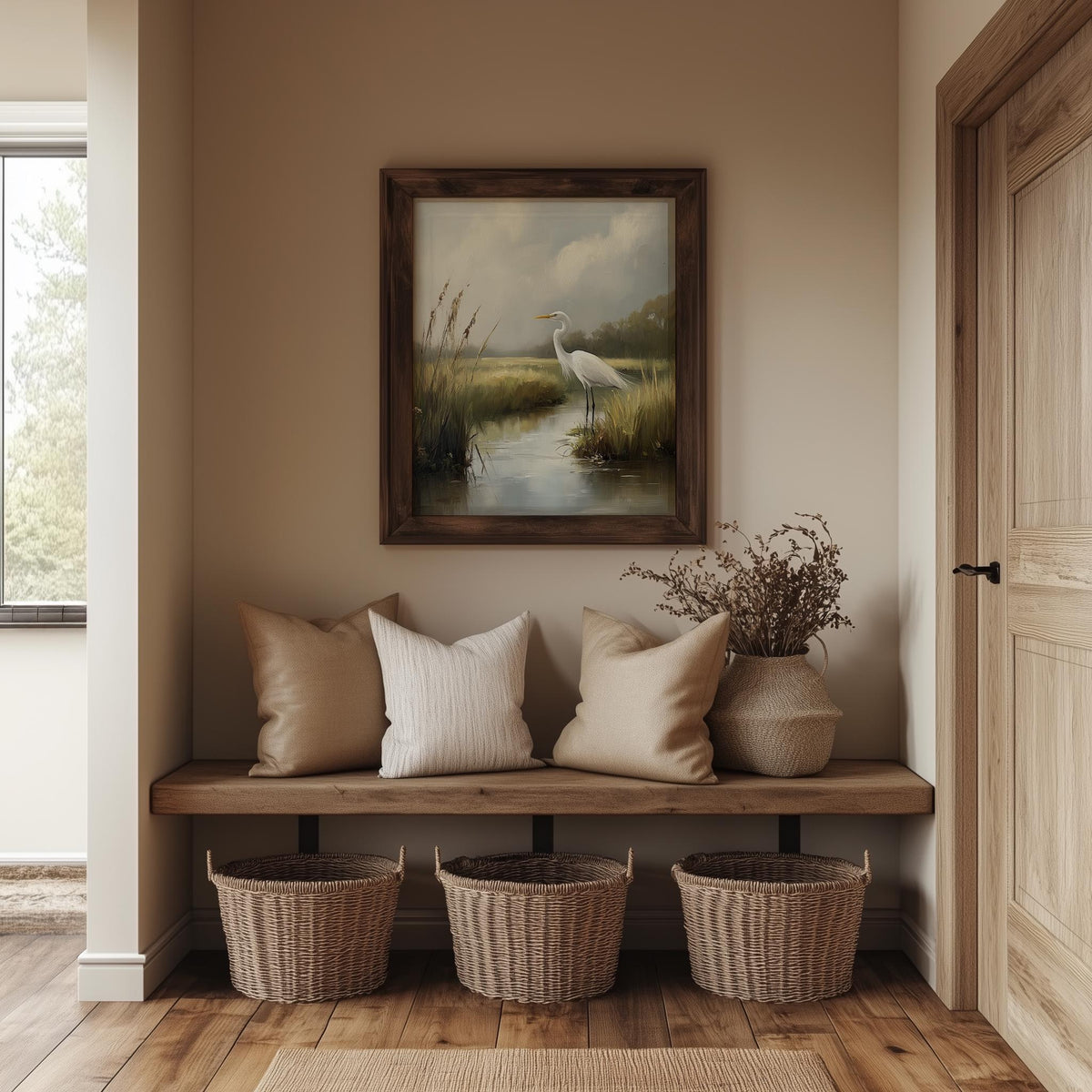 Marsh Egret animal art print shown in a room setting