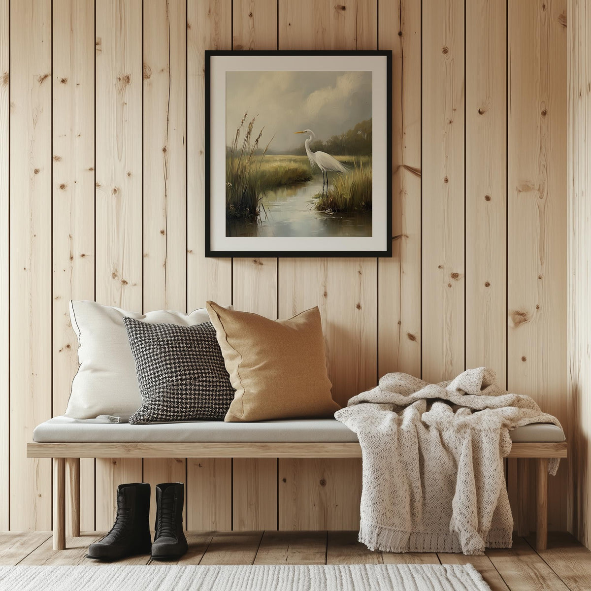 Marsh Egret animal art print shown in a room setting