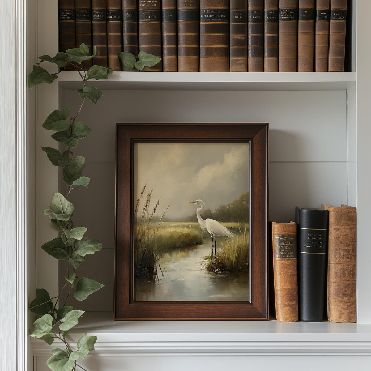 Marsh Egret animal art print shown in a room setting
