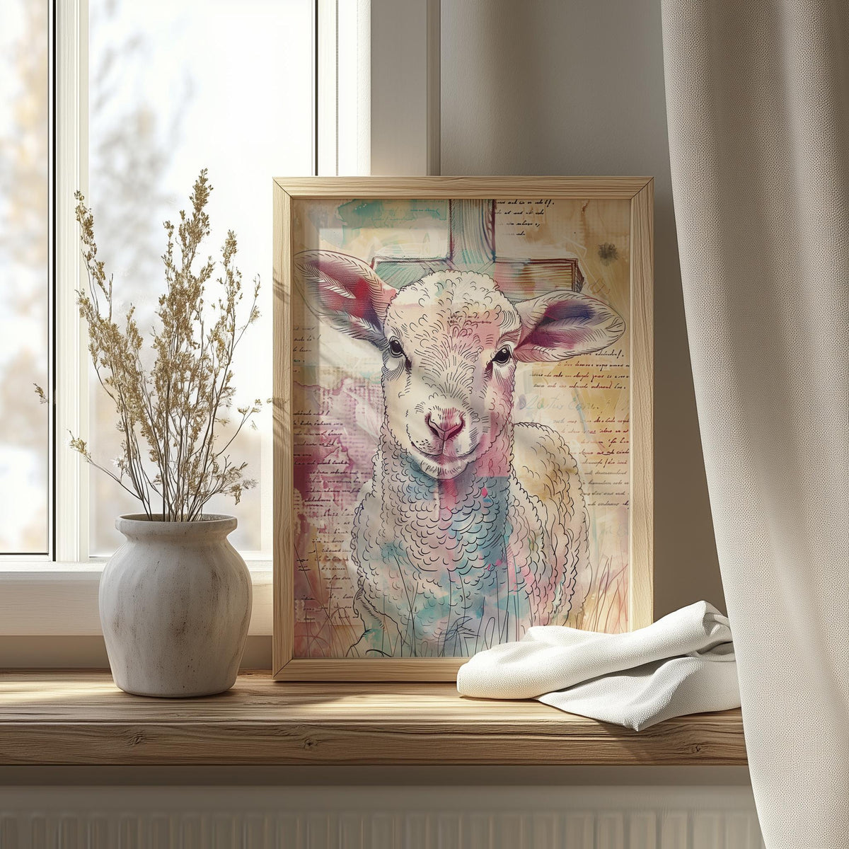 Lamb of God faith art print shown in a room setting