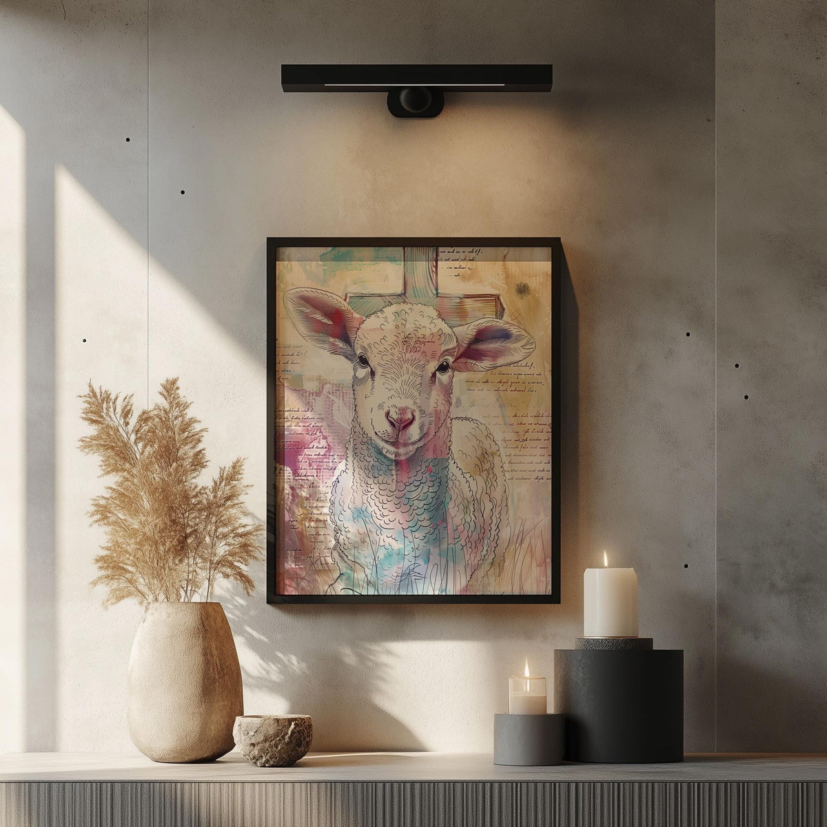 Lamb of God faith art print shown in a room setting