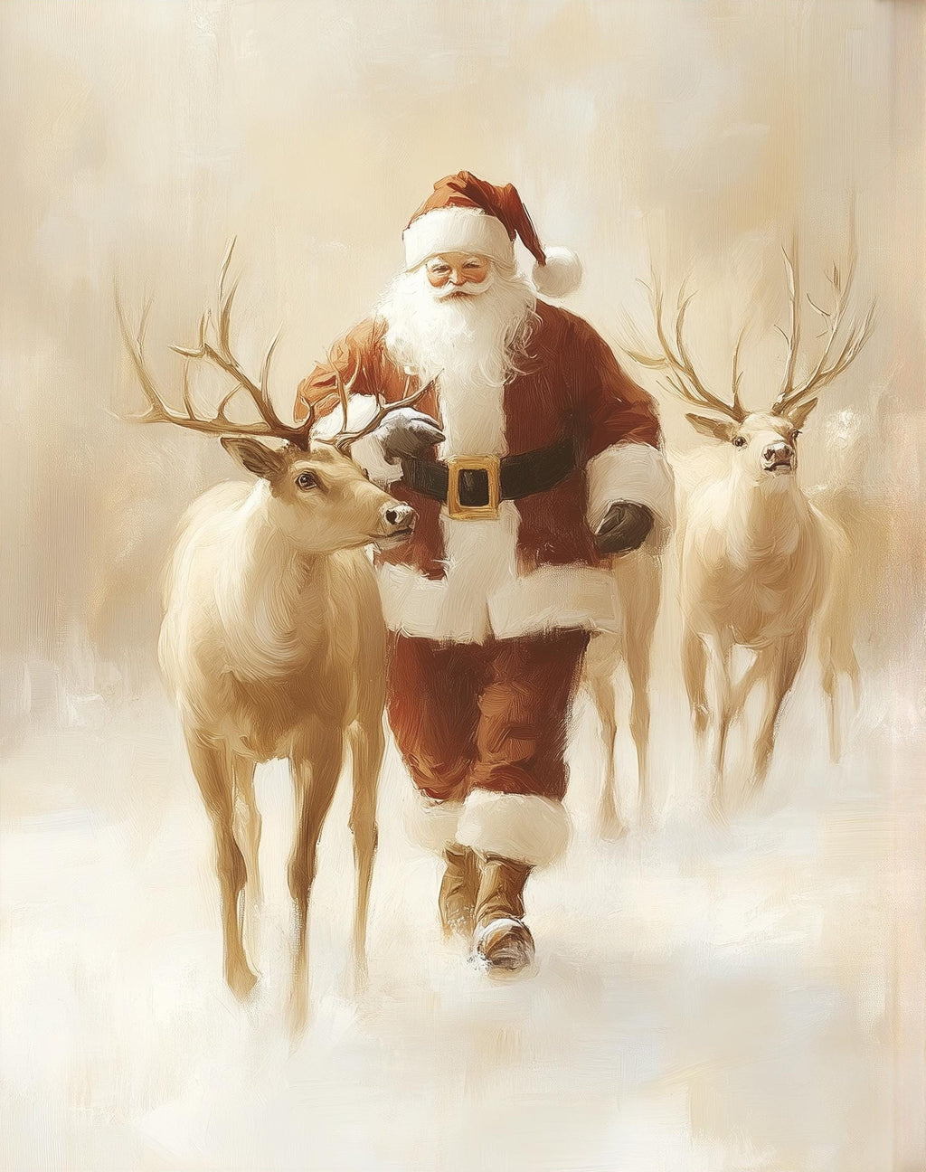 Santa Reindeer Christmas art print unframed, signed by Pattie Overcash