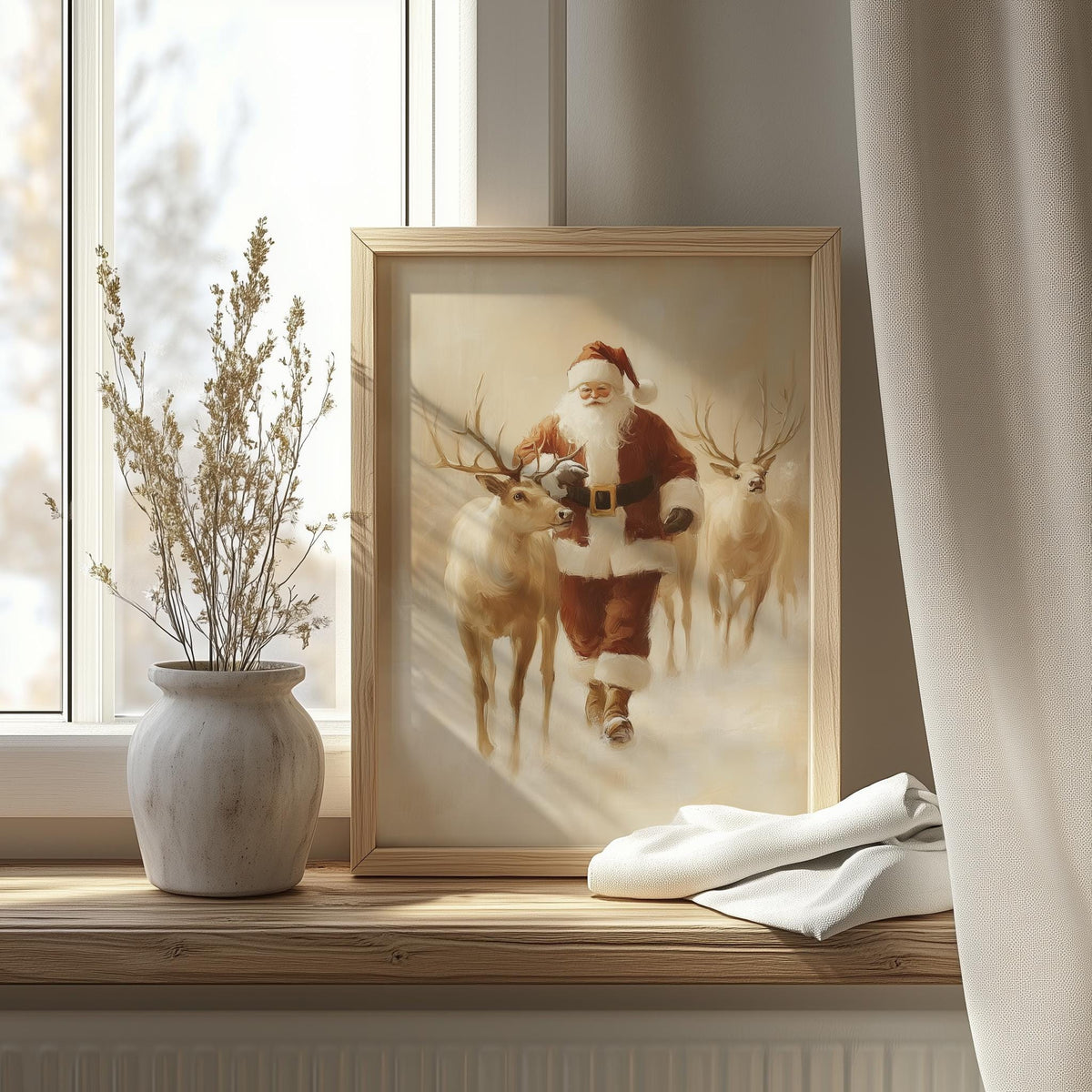 Santa Reindeer Christmas art print shown in a room setting