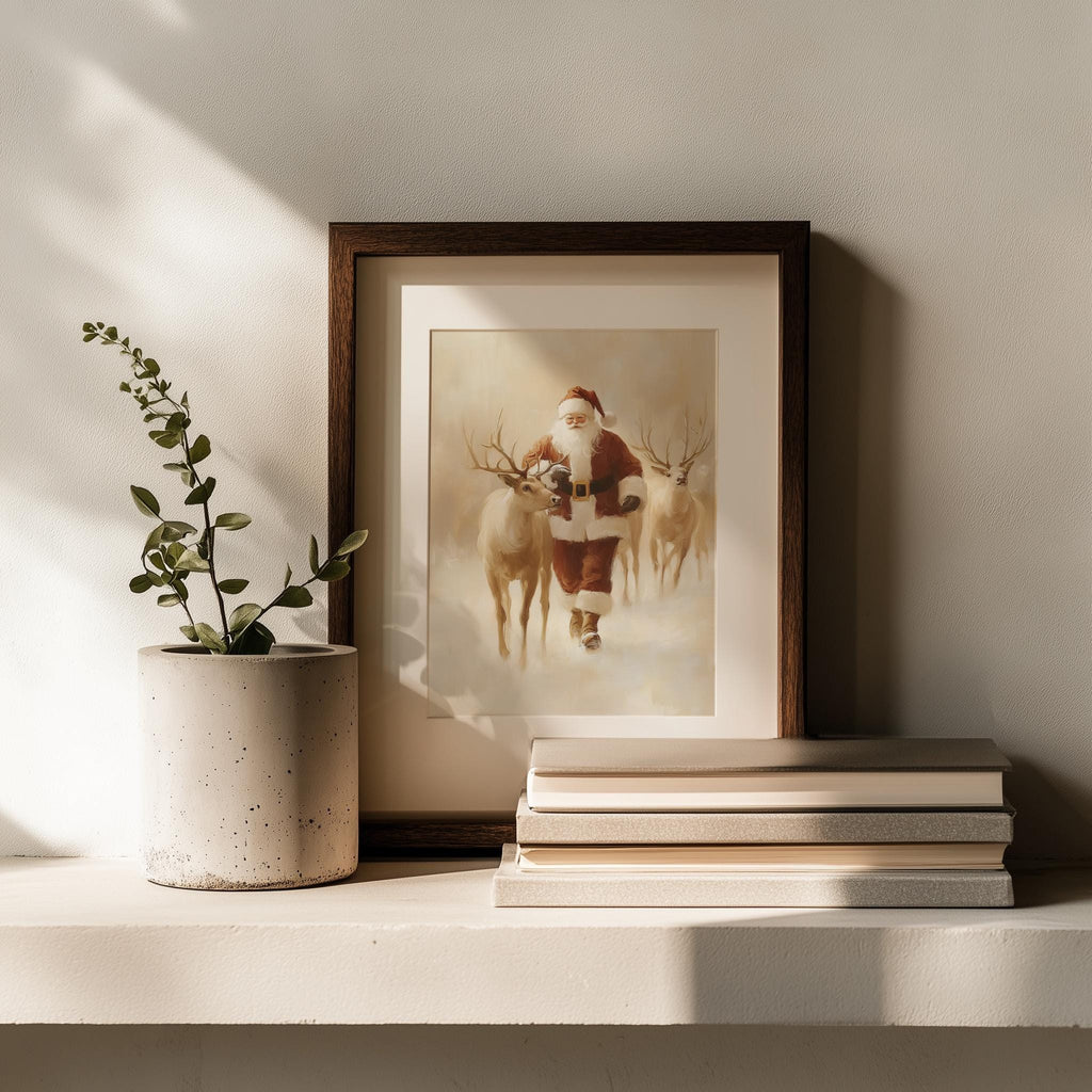 Santa Reindeer Christmas art print shown in a room setting