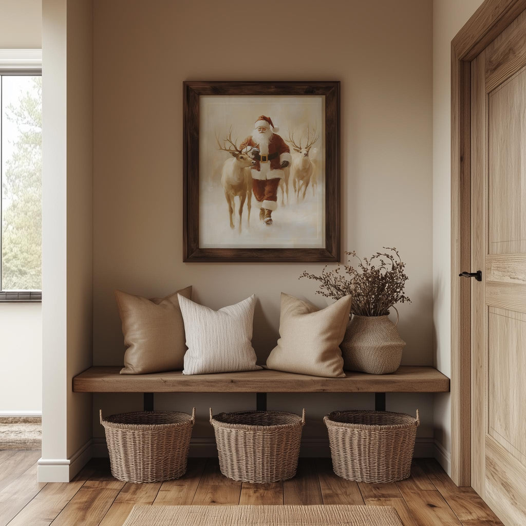 Santa Reindeer Christmas art print shown in a room setting