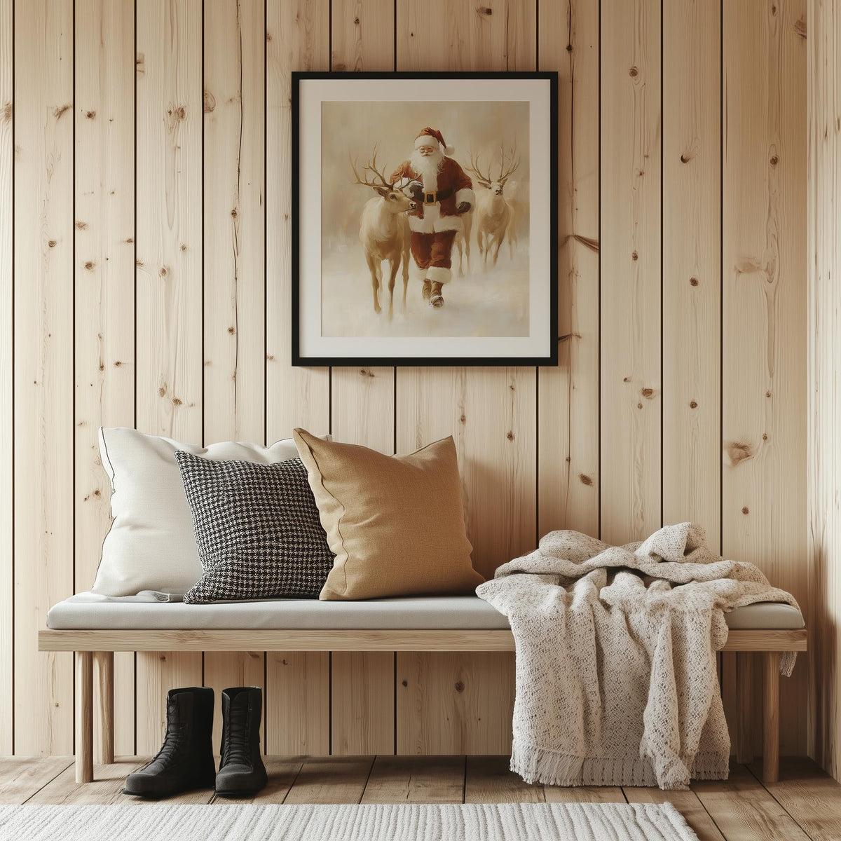 Santa Reindeer Christmas art print shown in a room setting