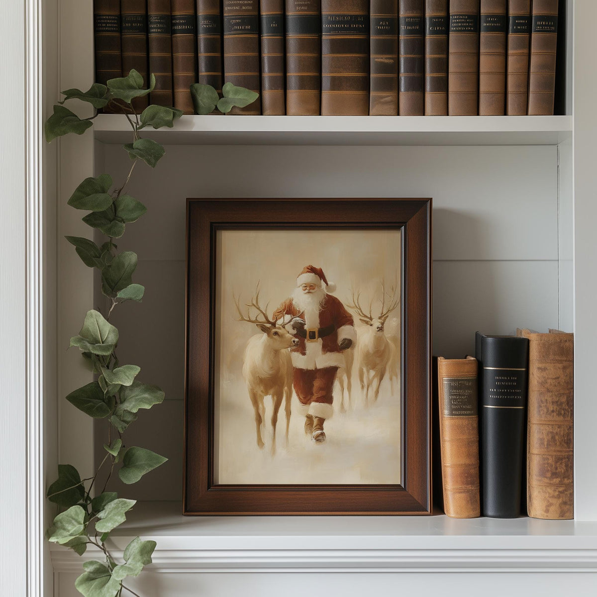 Santa Reindeer Christmas art print shown in a room setting