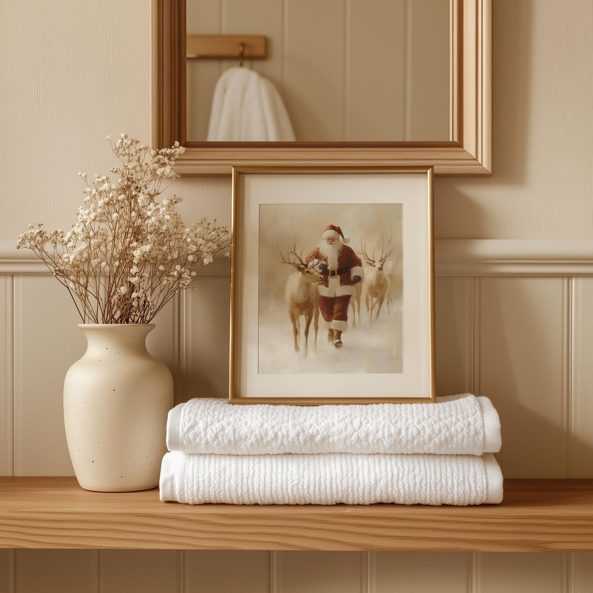 Santa Reindeer Christmas art print shown in a room setting