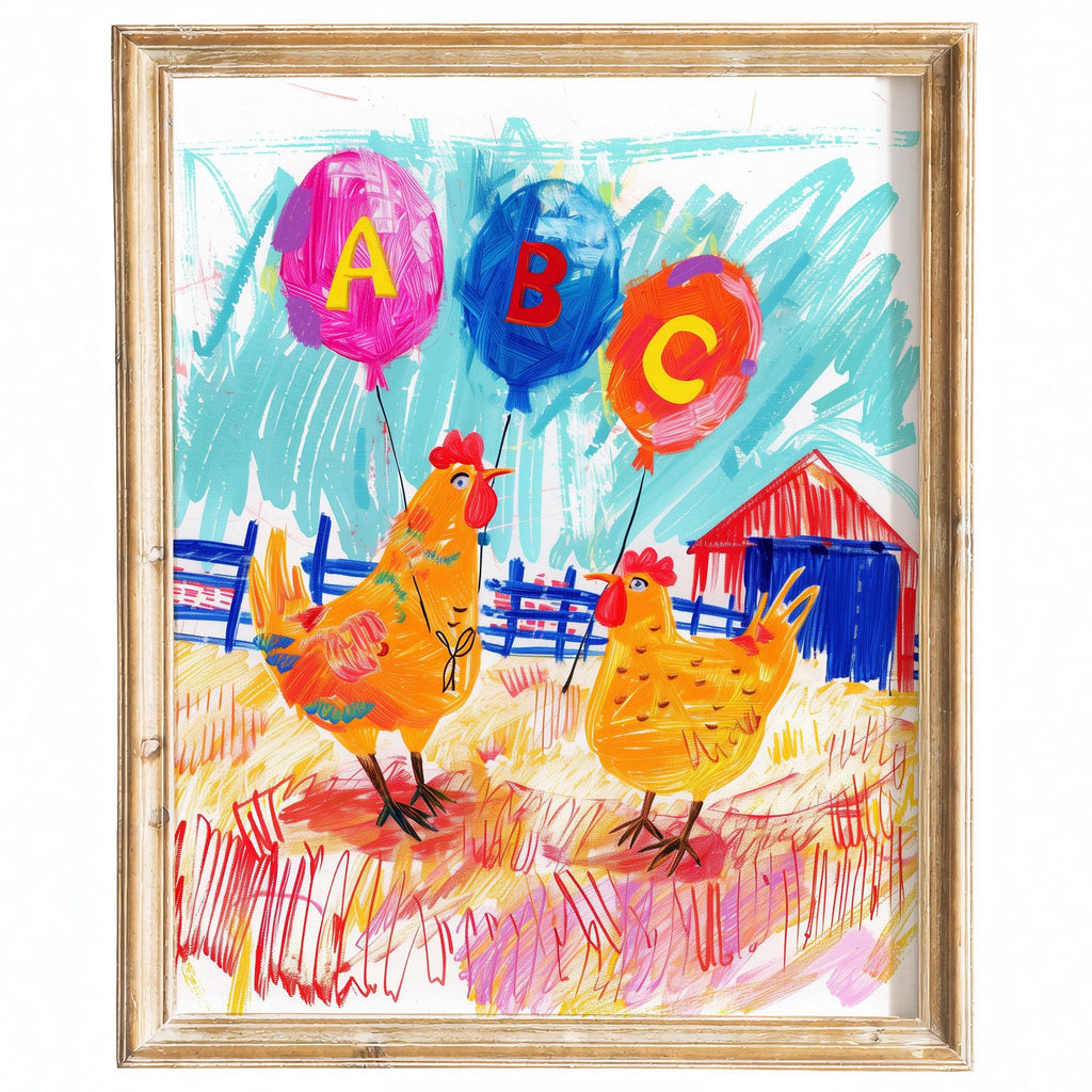 Chickens ABC animal art print framed