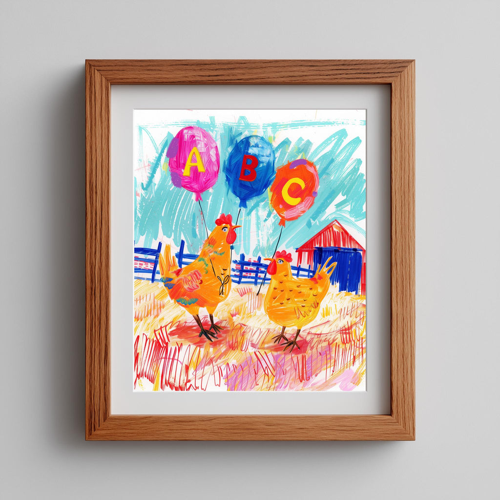 Chickens ABC animal art print shown in a room setting