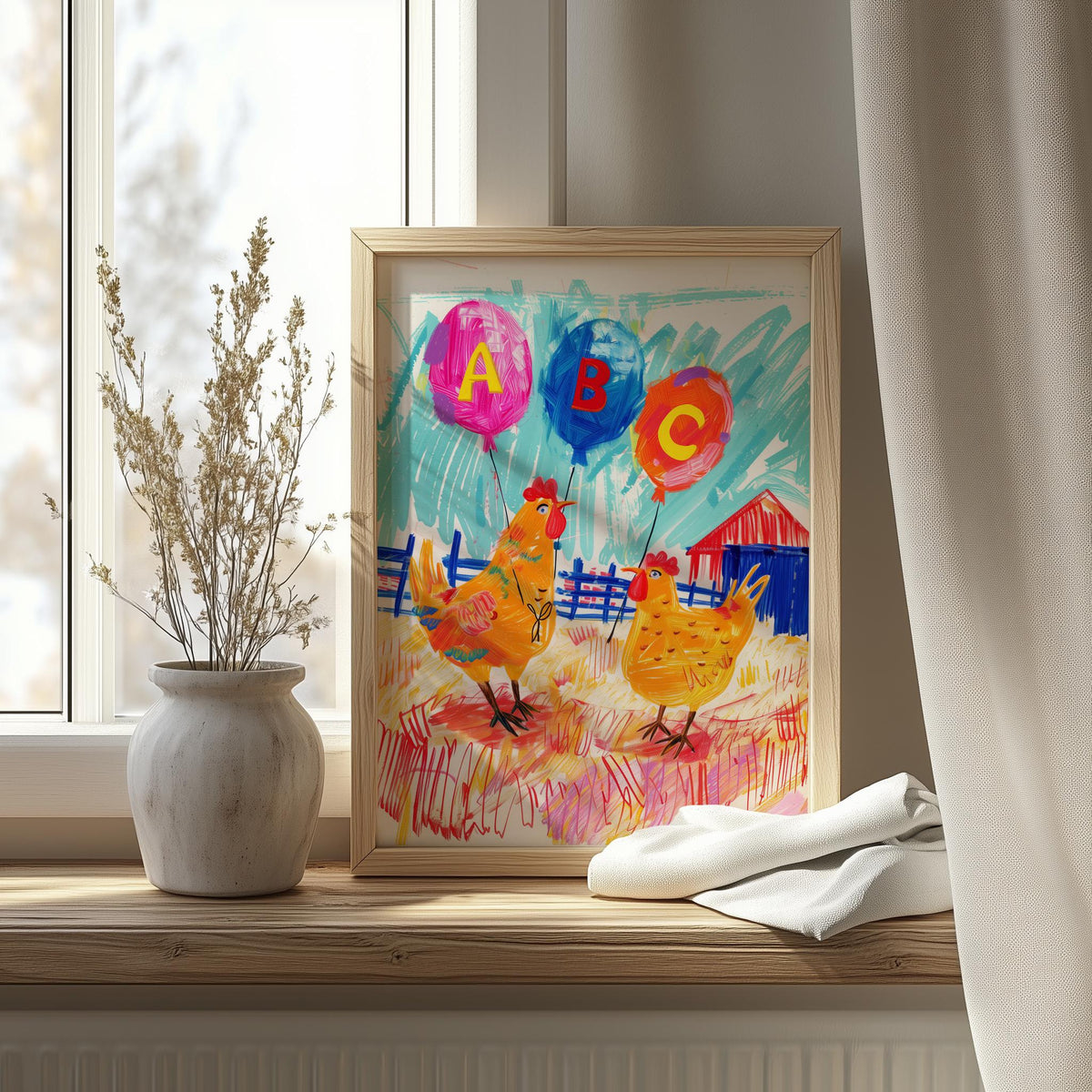Chickens ABC animal art print shown in a room setting
