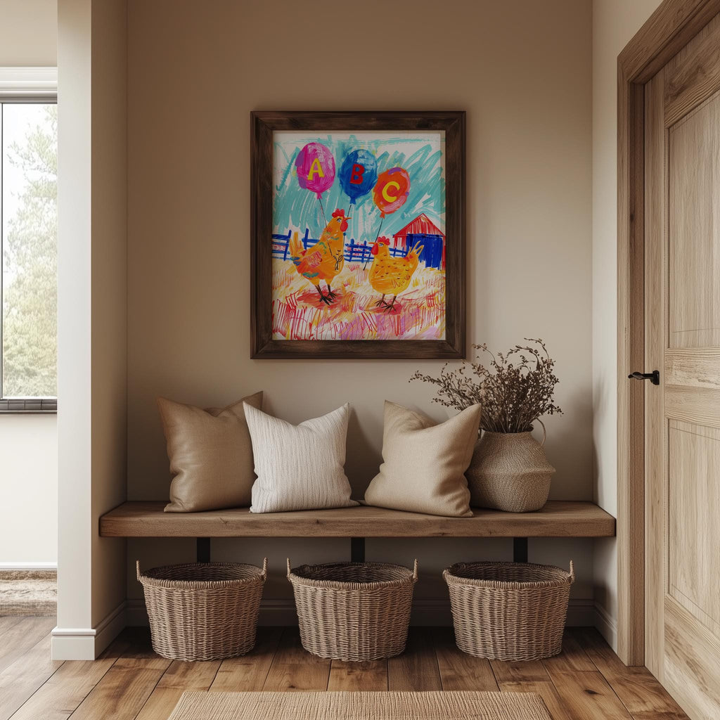Chickens ABC animal art print shown in a room setting