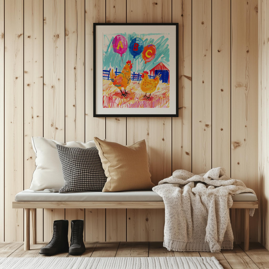 Chickens ABC animal art print shown in a room setting