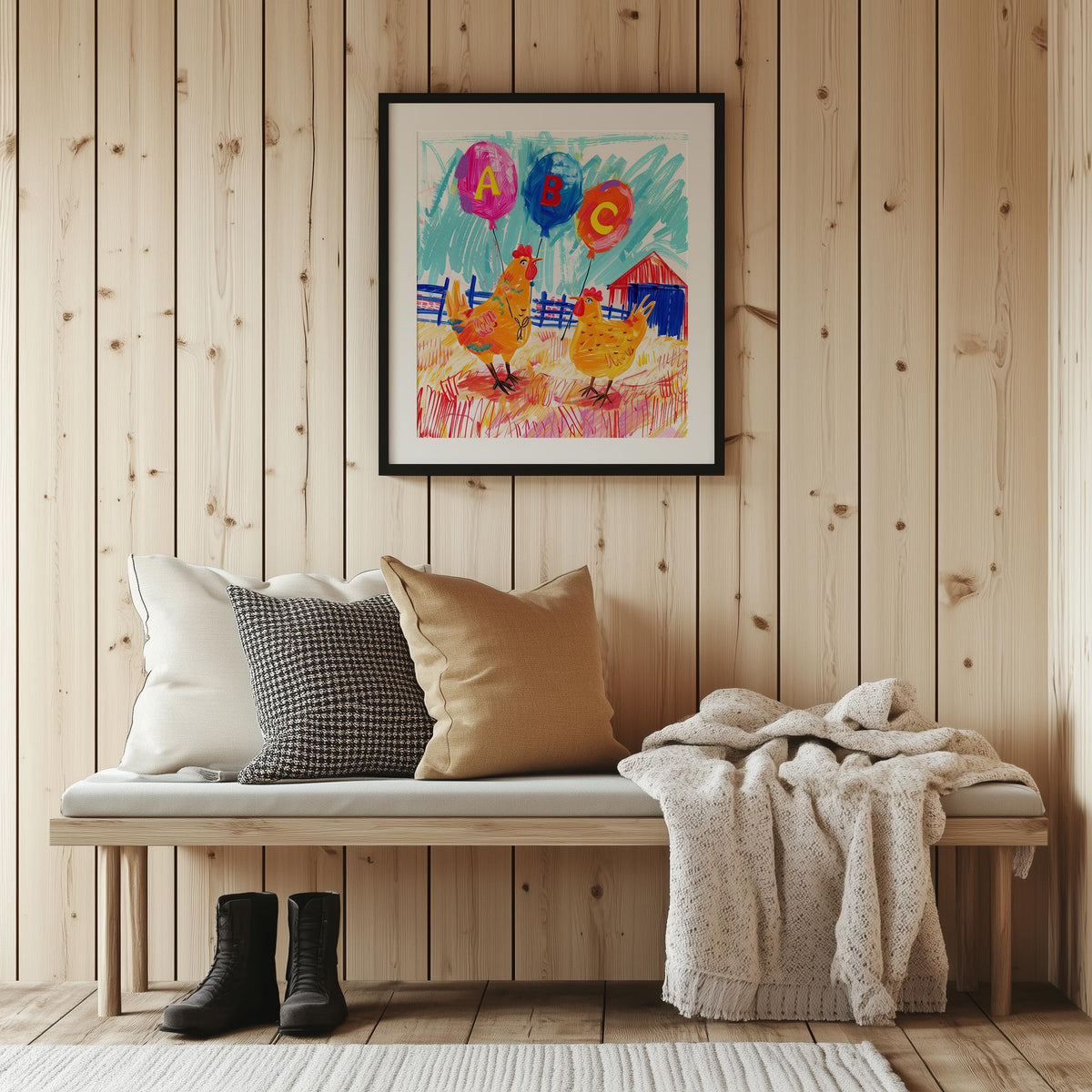 Chickens ABC animal art print shown in a room setting