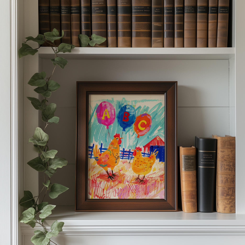 Chickens ABC animal art print shown in a room setting