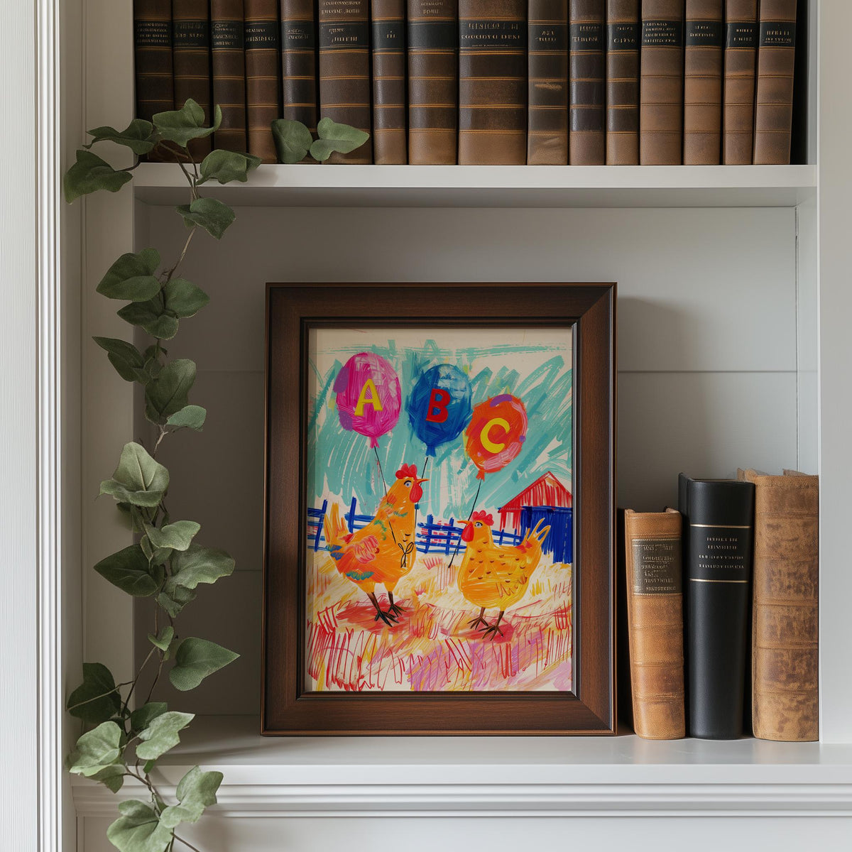 Chickens ABC animal art print shown in a room setting