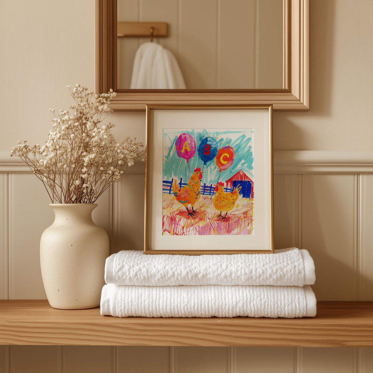 Chickens ABC animal art print shown in a room setting